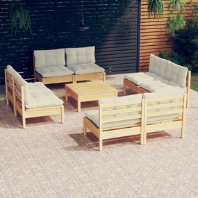 3096046 vidaXL Set mobilier grădină cu perne, 9 piese, crem, lemn de pin