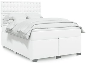vidaXL Pat box spring cu saltea, alb, 140x190 cm, piele ecologică