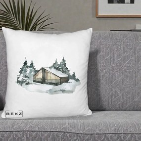 Perna Decorativa Cabana de Iarna in Padure, 40x40 cm, Alb Pufos, Husa Detasabila, Perna Inclusa, BEKZ®