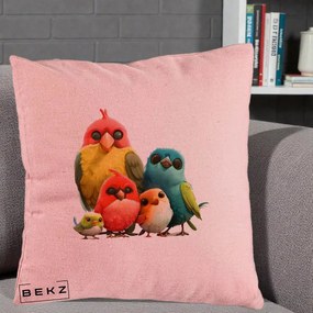 Perna Decorativa Familie de Pasarele Colorate, 40x40 cm, Roz, Husa Detasabila, Perna Inclusa, BEKZ®
