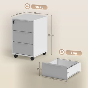 HOMCOM Dulap de Birou cu 3 Sertare cu Chei și 4 Rotile Alb și Gri | Aosom Romania