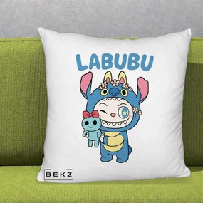 Perna Personalizata Labubu x Stitch cu Flori, 40x40 cm, Alb Pufos, Husa Detasabila, Perna Inclusa, BEKZ®