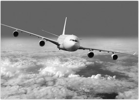 Tablou - Avion în nori, alb și negru (70x50 cm)