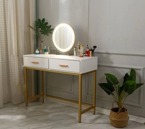 Set Iasmina, Masă de toaletă pentru machiaj cu scaun, oglindă iluminată LED, control touch, 2 sertare, Alb