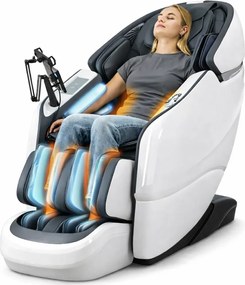 Fotoliu de masaj ZEENA INFINITY PRO, AI voce, Incalzire, Bluetooth, Zero Gravity SL-Track Shiatsu, Joystick și suport pentru telefon, Controler rapid cotiera, 2 Boxe, Moduri Automate, Suport Picioare extensibil, Piele PU Premium, Alb/Gri