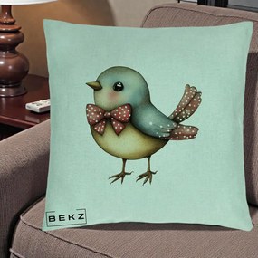 Perna Decorativa Pasare Bleu cu Fundita Rosie, 40x40 cm, Verde Menta, Husa Detasabila, Perna Inclusa, BEKZ®
