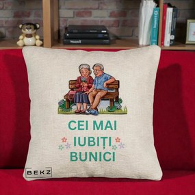 Cadou pentru Bunici - Perna Personalizata Cei Mai Iubiti Bunici Cuplu pe Banca Ilustratie, 40x40 cm, Bej Canapea, Husa Detasabila, Perna Inclusa, BEKZ®