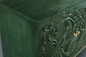 Comoda PEACOCK 175cm lemn de mango verde sculptat 3D cu design paun