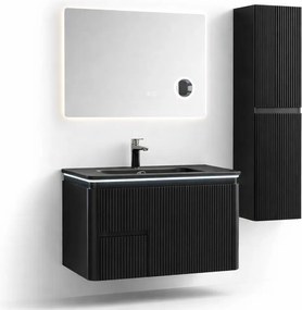 Set Mobilier Baie Cappadocia Riflat 80 cm negru mat, oglinda 70 sau 80 cm cu LED, dezaburire si lupa, lavoar ceramic, soldat inclus. 70 CM