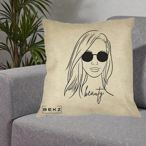 Perna Decorativa Beauty Girl Line Art, 40x40 cm, Crem, Husa Detasabila, Perna Inclusa, BEKZ®