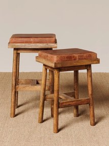 Scaun de bar din piele naturala si lemn masiv de mango, Tall Django