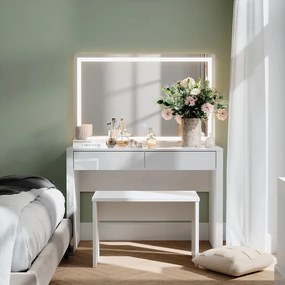 SEA813 - Set Masa toaleta, 110 cm, moderna cosmetica machiaj oglinda cu LED, masuta vanity cu sau fără Scaun - Alb Lucios