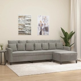 3153481 vidaXL Canapea cu 3 locuri și taburet, gri deschis, 210 cm, catifea