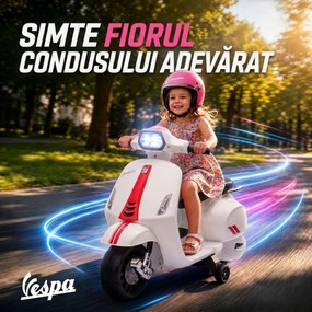 AIYAPLAY Motocicletă Electrică pentru Copii cu Licență Vespa, Baterie Reîncărcabilă 6V, Roți Ajutătoare și Lumini, 2-4 Ani, Albă | Aosom Romania