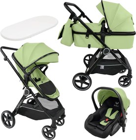 Carucior copii 3 in 1 Kidizi Moveo verde, landou transformabil in parte sport, scoica auto R129, cadru black, pana la 22 kg (0–4 ani), saltea si geanta incluse