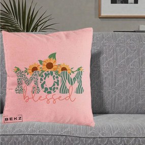 Cadou pentru Mama - Perna Personalizata Mom Blessed cu Floarea Soarelui Animal Print Teal, 40x40 cm, Roz, Husa Detasabila, Perna Inclusa, BEKZ®