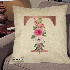 Cadou Personalizat - Perna Personalizata Monograma Rose Gold Litera T, 40x40 cm, Crem, Husa Detasabila, Perna Inclusa, BEKZ®