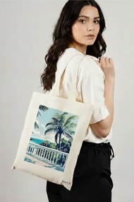 Sacosa de Panza pentru Cumparaturi, Geanta Tote, model Tropical Sunset 2 38 x 34.5 cm, Alba, BEKZ®