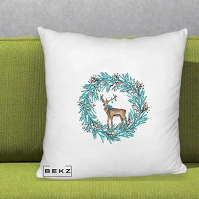 Perna Decorativa Coroana Turcoaz cu Ren, 40x40 cm, Alb Pufos, Husa Detasabila, Perna Inclusa, BEKZ®