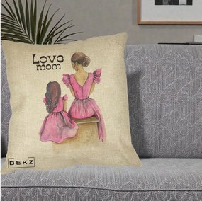 Cadou pentru Mama - Perna Personalizata Love Mom Rochii Roz, 40x40 cm, Crem, Husa Detasabila, Perna Inclusa, BEKZ®