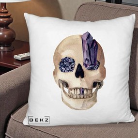 Perna Decorativa Craniu cu Cristale de Ametist, 40x40 cm, Alb Pufos, Husa Detasabila, Perna Inclusa, BEKZ®