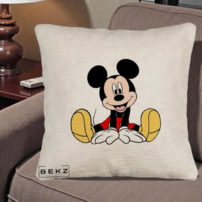 Perna Personalizata Mickey Mouse Relaxat, 40x40 cm, Bej Canapea, Husa Detasabila, Perna Inclusa, BEKZ®