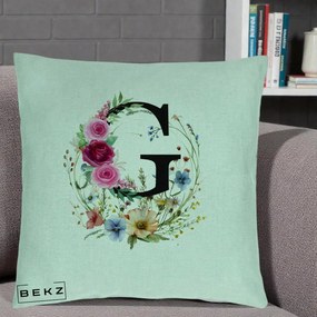 Cadou Personalizat - Perna Personalizata Monogram Litera G cu Flori Acuarela, 40x40 cm, Verde Menta, Husa Detasabila, Perna Inclusa, BEKZ®
