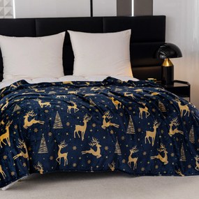 Patura de Craciun din microplus GOLDEN DEER albastru inchis Dimensiune: 160 x 200 cm