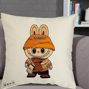 Perna Personalizata Labubu Streetwear Portocaliu, 40x40 cm, Ecru, Husa Detasabila, Perna Inclusa, BEKZ®
