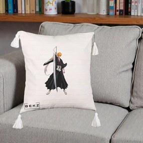 Perna Personalizata Bleach Ichigo Kurosaki Zangetsu, 40x40 cm, Bej cu Franjuri, Husa Detasabila, Perna Inclusa, BEKZ®