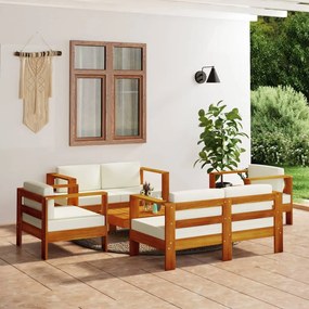 Set mobilier gradina cu perne alb crem, 5 piese, lemn masiv Alb crem, 2x Canapea cu 2 locuri + 2x fotoliu + masa, 1