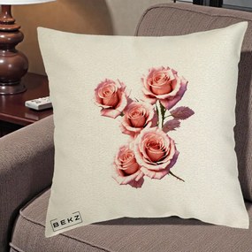 Perna Decorativa Trandafiri Roz Pastel Acuarela, 40x40 cm, Ecru, Husa Detasabila, Perna Inclusa, BEKZ®