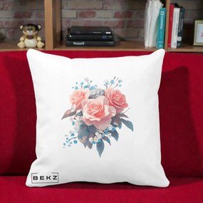 Perna Decorativa Trandafiri Roz cu Floricele Albastre, 40x40 cm, Alba Mata, Husa Detasabila, Perna Inclusa, BEKZ®
