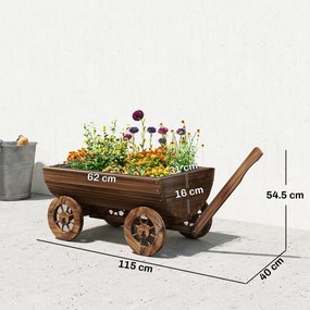 Outsunny Cărucior din lemn cu 4 roți și mâner Jardinieră exterioară cu orificiu de drenaj 115x40x54,5 cm Carbonizat | Aosom Romania