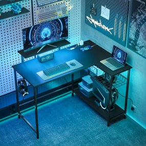 HOMCOM Birou Gaming Reversibil în L cu LED, 114,5x82 cm Birou Colțar cu Prize Electrice, Suport pentru Monitor și Rafturi Reglabile din Rețea, Stație Gaming pentru Acasă, Birou sau Studiu, Negru | Aosom Romania