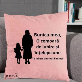 Cadou pentru Bunica - Perna Personalizata Bunica Mea Comoara Iubire Intelepciune Silueta, 40x40 cm, Roz, Husa Detasabila, Perna Inclusa, BEKZ®