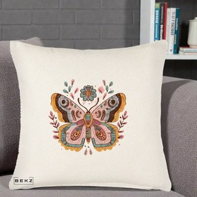 Perna Decorativa Fluture Boho Floral, 40x40 cm, Crem Reliefat, Husa Detasabila, Perna Inclusa, BEKZ®
