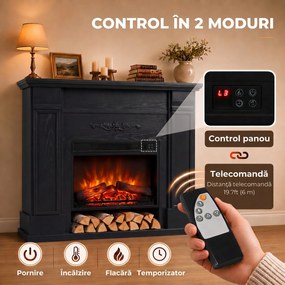 HOMCOM Șemineu electric de podea/încastrat, cu ramă și raft pentru TV 55 inch, 1800W, efect flacără 3D, timer, negru | Aosom Romania