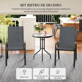 Outsunny Set Mobilier de Grădină din 3 Piese cu Scaune Suprapozabile și Masă din Sticlă, 54x71x93 cm, Gri Închis | Aosom Romania