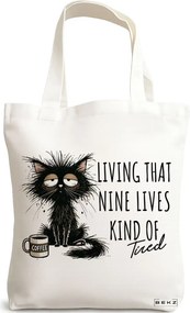Sacosa de Panza pentru Cumparaturi, Geanta Tote, model Living that nine lives Kind of tired 38 x 34.5 cm, Alba, BEKZ®