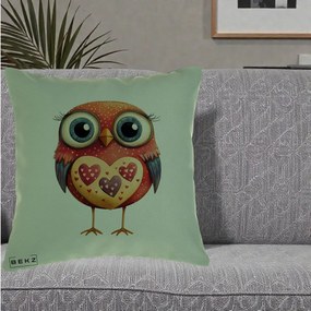 Perna Decorativa Bufnita Rosie cu Inimi Aurii, 40x40 cm, Verde, Husa Detasabila, Perna Inclusa, BEKZ®