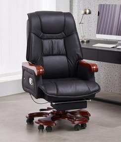 Scaun directorial din lemn masiv, cu suport pentru picioare, mecanism inclinare, inaltime reglabila, pivotant, PU Premium, rezistent 150 kg, Negru
