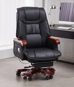 Scaun directorial din lemn masiv, cu suport pentru picioare, mecanism inclinare, inaltime reglabila, pivotant, PU Premium, rezistent 150 kg, Negru