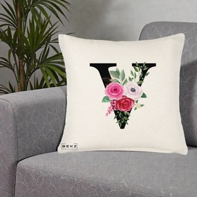 Cadou Personalizat - Perna Personalizata Monograma Florala Litera V cu Buchet, 40x40 cm, Crem Reliefat, Husa Detasabila, Perna Inclusa, BEKZ®