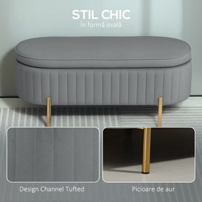 HOMCOM Bancă de Depozitare pentru Intrare Ovală 72L cu Design Scanalat, Capac Ridicabil și Șezut Capitonat, Bancă de la Capătul Patului Pouf în Catifea și Picioare de Lemn de Pin, 108x44x43.5 cm, Gri | Aosom Romania
