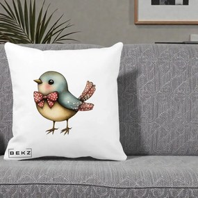 Perna Decorativa Pasare Bleu cu Fundita Rosie, 40x40 cm, Alba Mata, Husa Detasabila, Perna Inclusa, BEKZ®