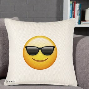 Perna Decorativa Emoji Cool Ochelari, 40x40 cm, Crem Reliefat, Husa Detasabila, Perna Inclusa, BEKZ®