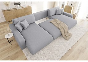 Colțar gri deschis extensibil, cu spațiu de depozitare, cu tapițerie din catifea reiată Sara – Ropez