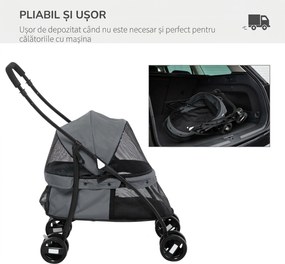 PawHut Cărucior Pliabil pentru Câini cu Acoperiș Reglabil, Geantă și 2 Lese, 82x47x97 cm, Gri | Aosom Romania