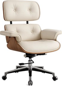 EXECUTIVE PRESTIGE – Scaun Directorial Ergonomic Premium, cu Piele PU, Furnir din Lemn Natur, Bază din Aluminiu, Reglaj pe Înălțime și Funcție de Înclinare, Alb